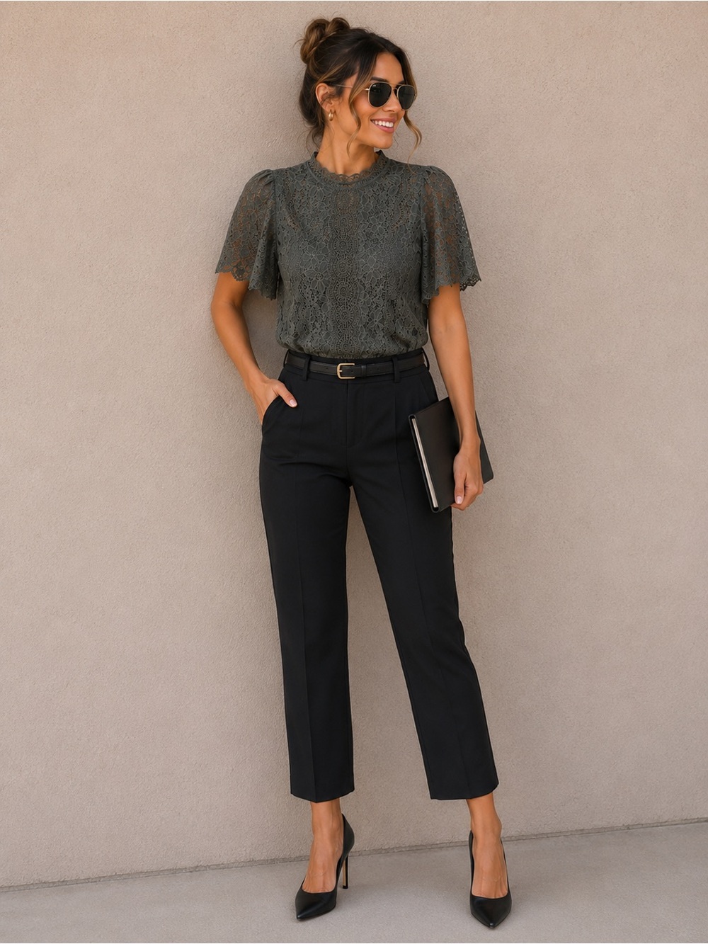 Dark Sage Green Lace Blouse | Chic Office Career Top | Feminine Boutique Style
